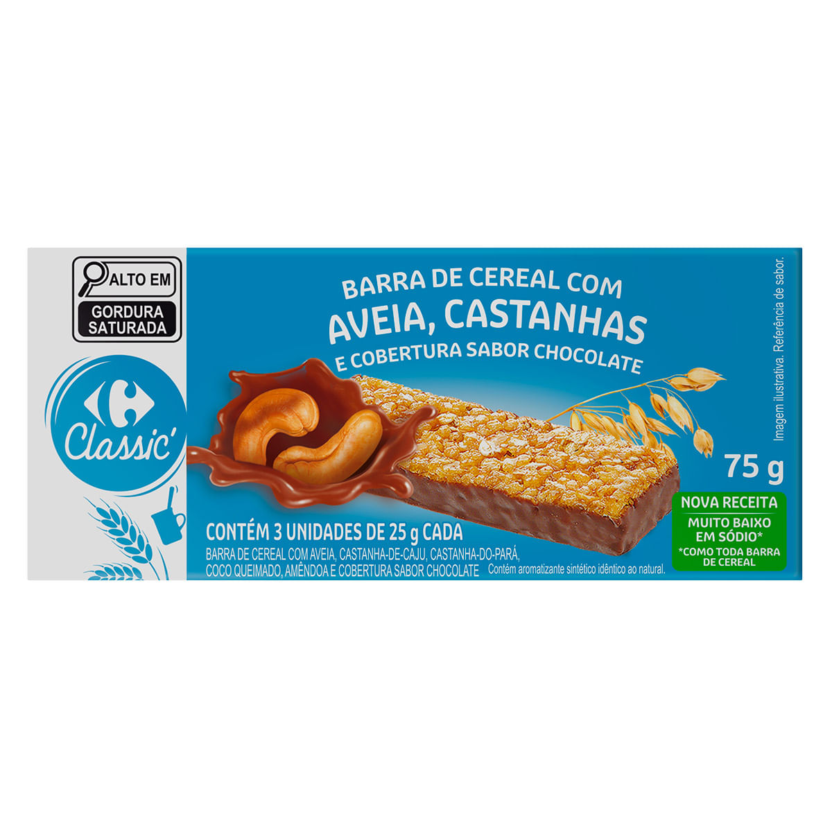 Barra de Cereal Aveia e Castanhas com Cobertura de Chocolate Carrefour Classic 75 g