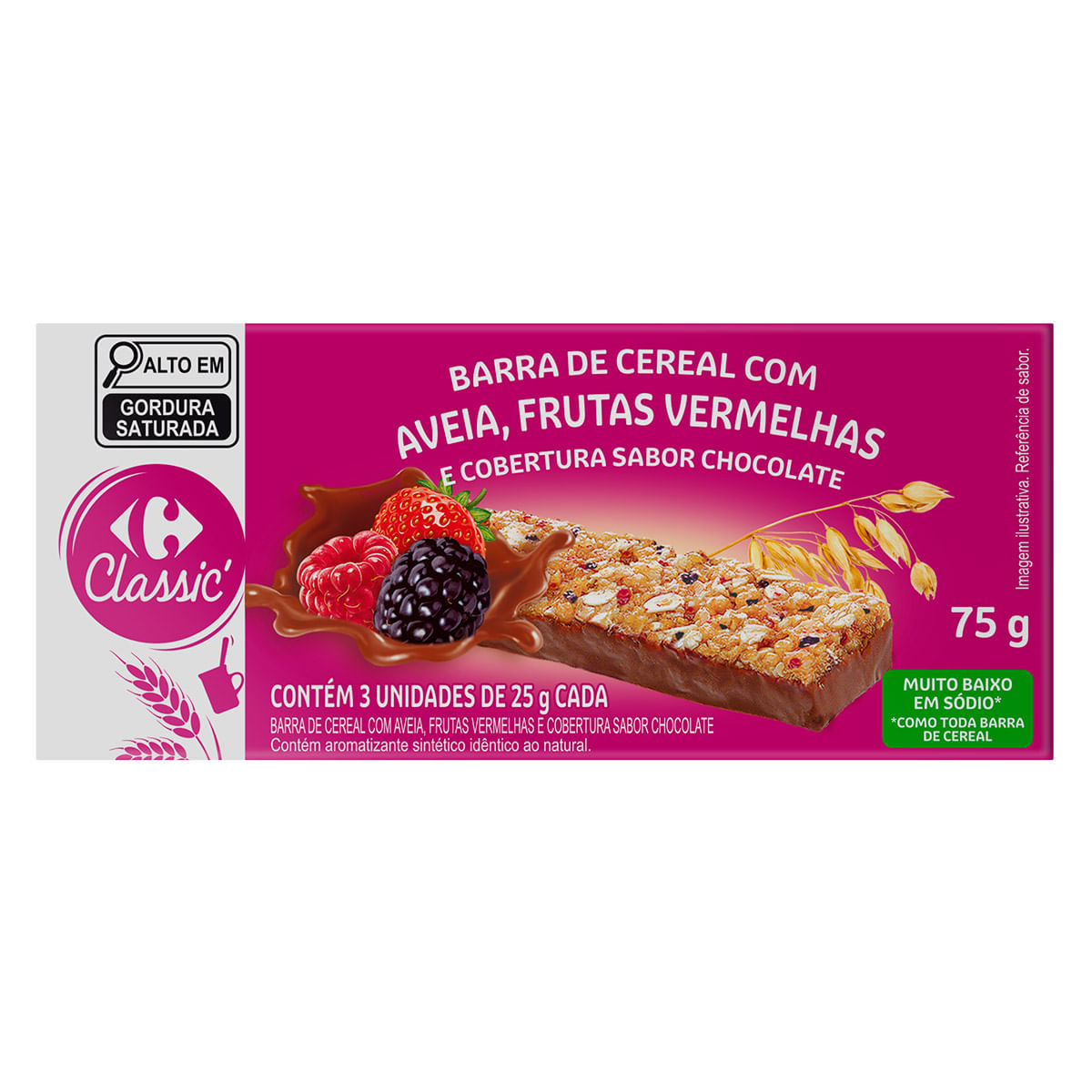 Barra de Cereal Aveia e Frutas Vermelhas com Cobertura de Chocolate Carrefour Classic 75 g