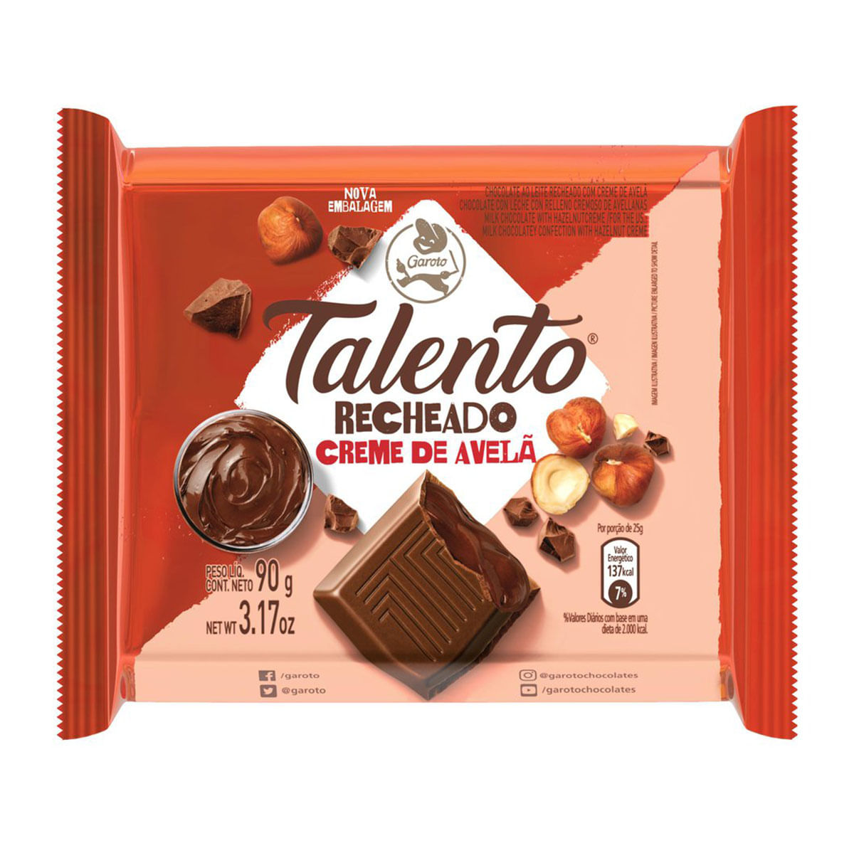 Chocolate ao Leite com Recheio de Creme de Avelã Talento 90g