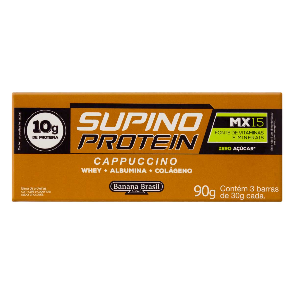 Barra de Proteína Zero Açúcar Sabor Cappuccino com Cobertura Chocolate Supino Protein 90g Pack 3 Unidades