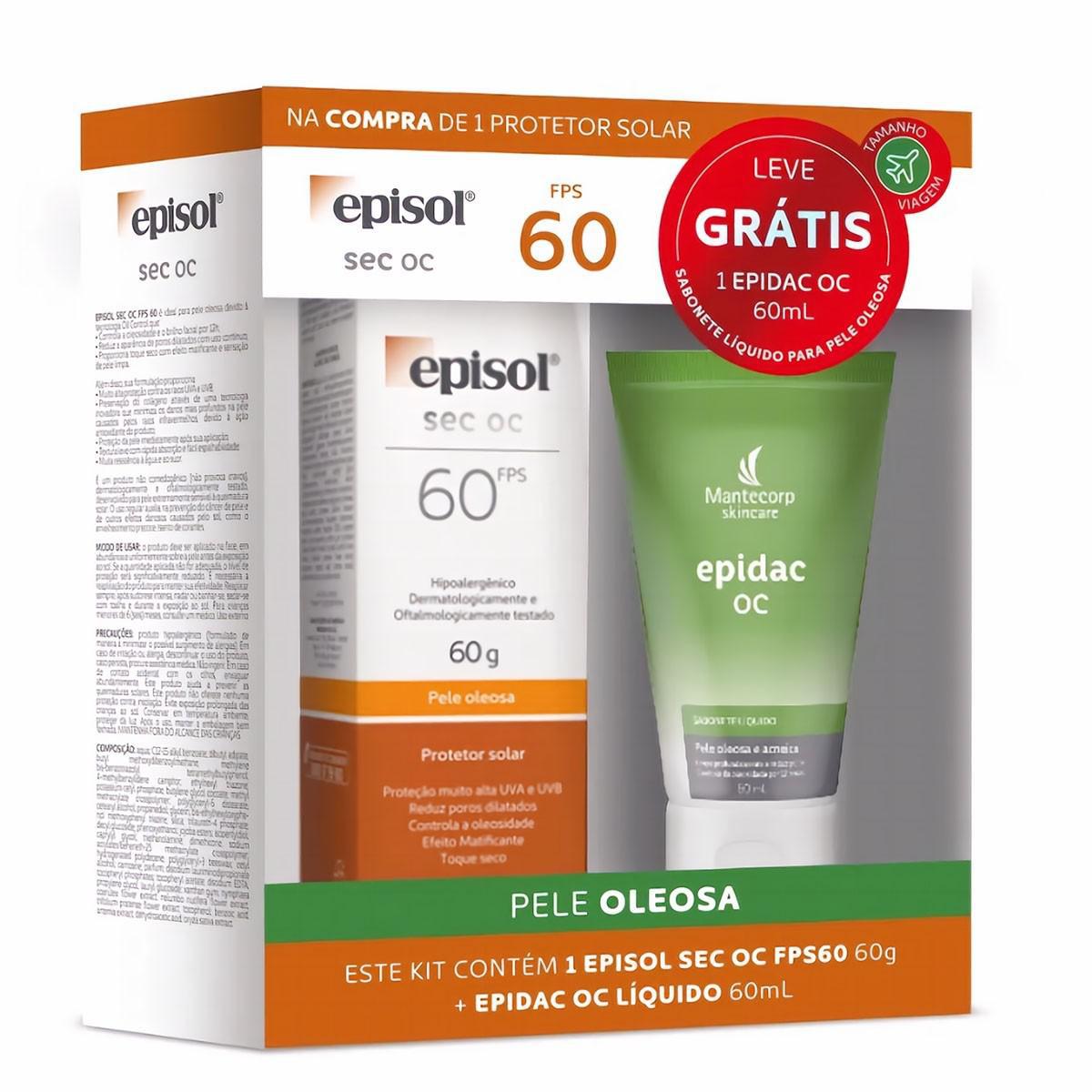 Kit Protetor Solar Episol Sec OC FPS 60 com 60 g + Epidac OC Líquido com 60 ml