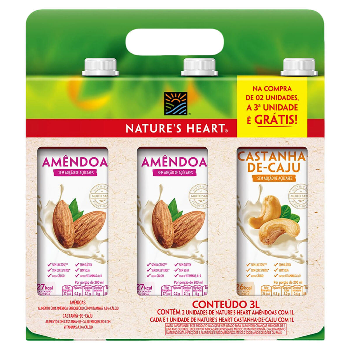 Bebida Amêndoas Natures Heart 2 L + Bebida Castanha de Caju 1 L - Oferta Especial