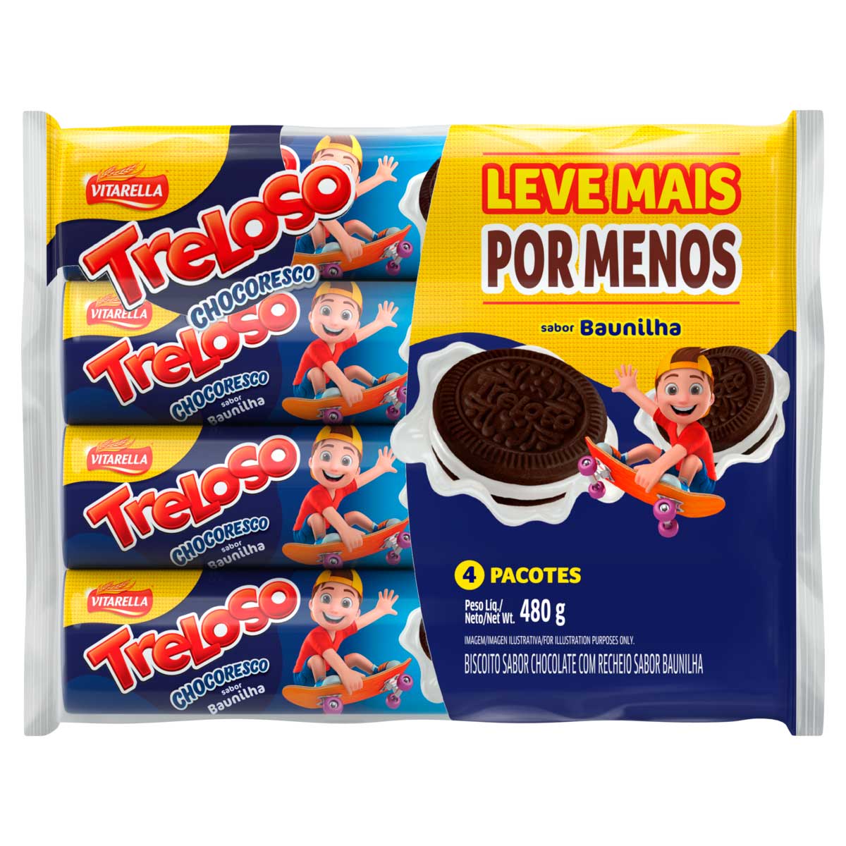 Pack Biscoito de Chocolate com Recheio de Baunilha Vitarella Treloso Chocoresco 480g 4 unidades Leve Mais Pague Menos