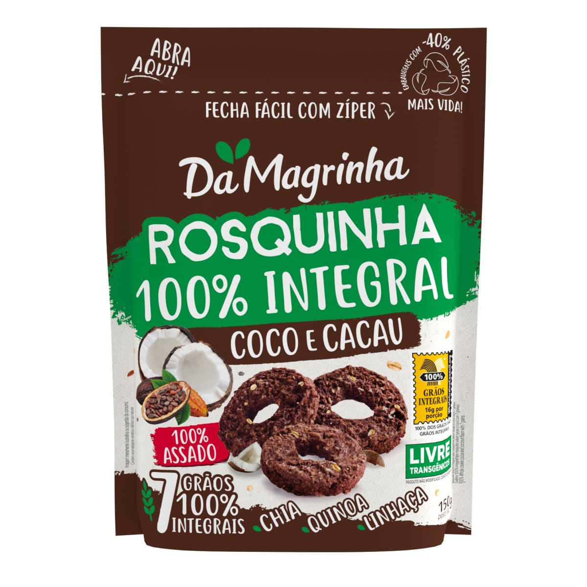 Biscoito Rosquinha Integral 7 Grãos Coco e Cacau Da Magrinha 150 g