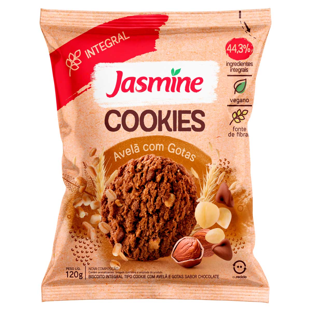 Biscoito Cookie Integral Avelã e Gotas de Chocolate Jasmine Pacote 150 g