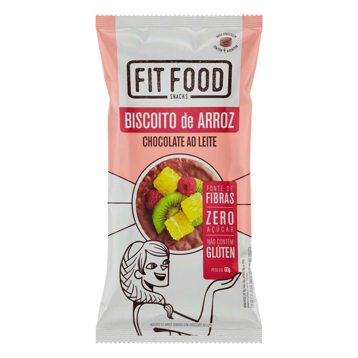 Biscoito de Arroz Integral Cobertura Chocolate ao Leite Zero Açúcar Fit Food 60g