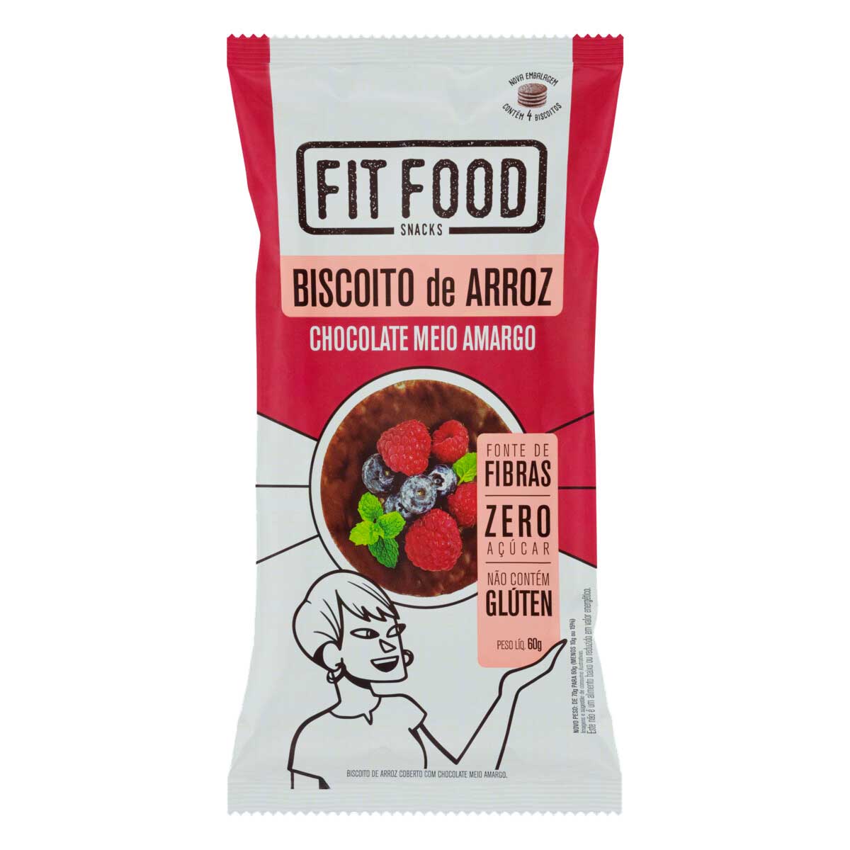 Biscoito de Arroz Integral Cobertura Chocolate Meio Amargo Zero Açúcar Fit Food 60g