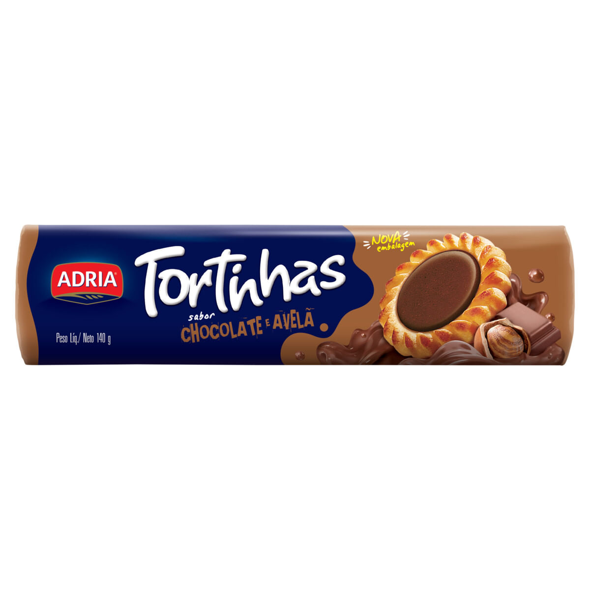 Biscoito Recheio Chocolate e Avelã Adria Tortinhas 140g