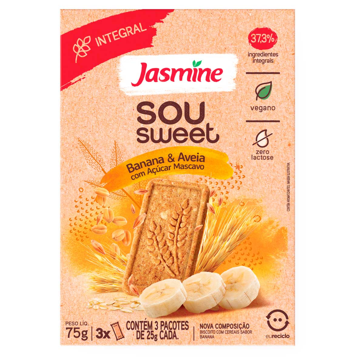 Biscoito Vegano Integral Banana &amp; Aveia Jasmine Sou Sweet 75g