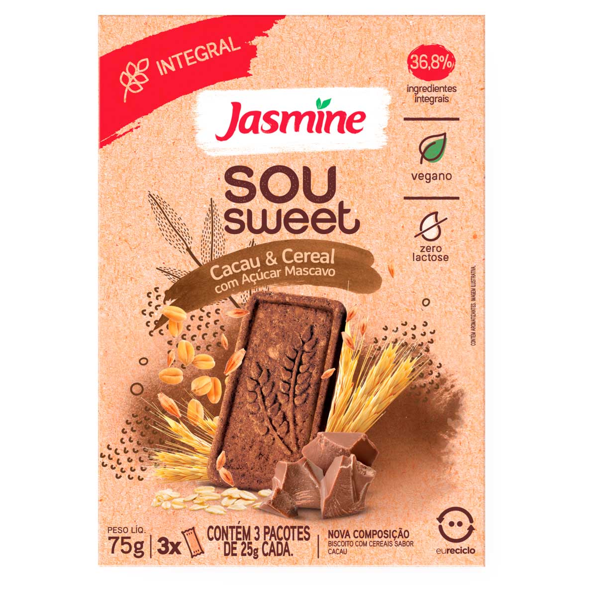 Biscoito Vegano Integral Cacau &amp; Cereais Jasmine Sou Sweet 75g