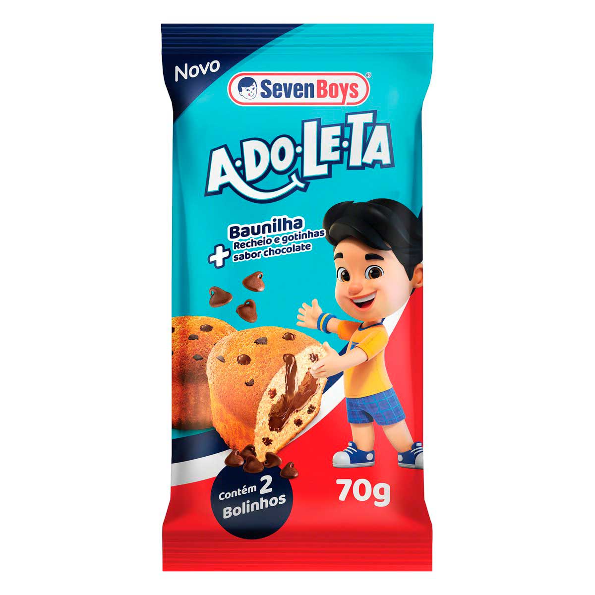 Bolinho de Baunilha com Gotas de Chocolate Recheio Chocolate Seven Boys Adoleta Pacote 35 g com 2 Unidades