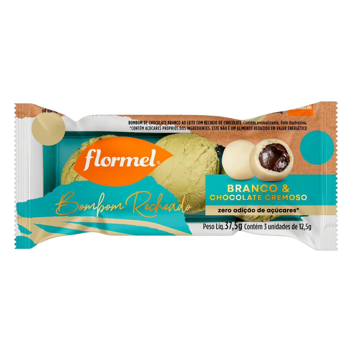 Bombom de Chocolate Branco &amp; Cremoso sem Adição de Açúcar Flormel 37,5g 3 Unidades