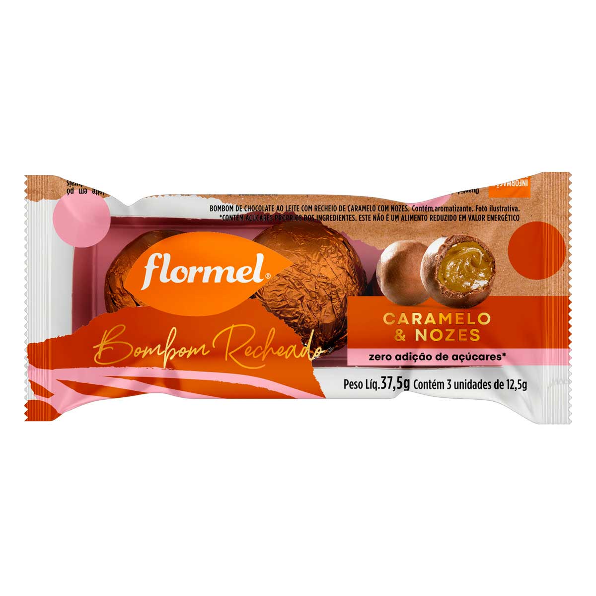 Bombom de Caramelo &amp; Nozes sem Adição de Açúcar Flormel 37,5g 3 Unidades