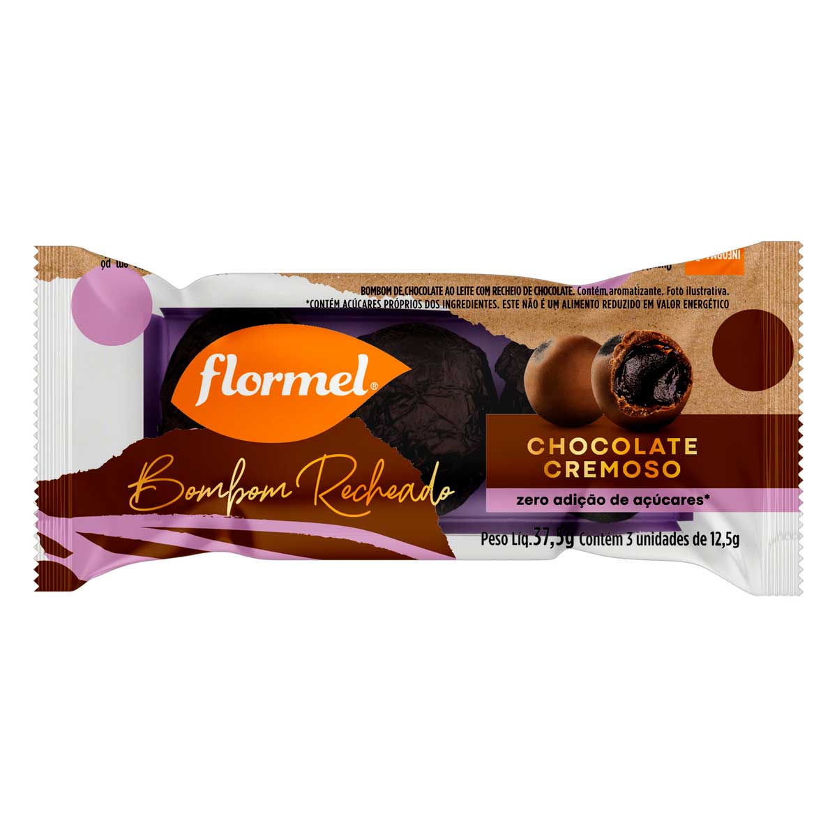 Bombom de Chocolate Cremoso sem Adição de Açúcar Flormel 37,5g 3 Unidades