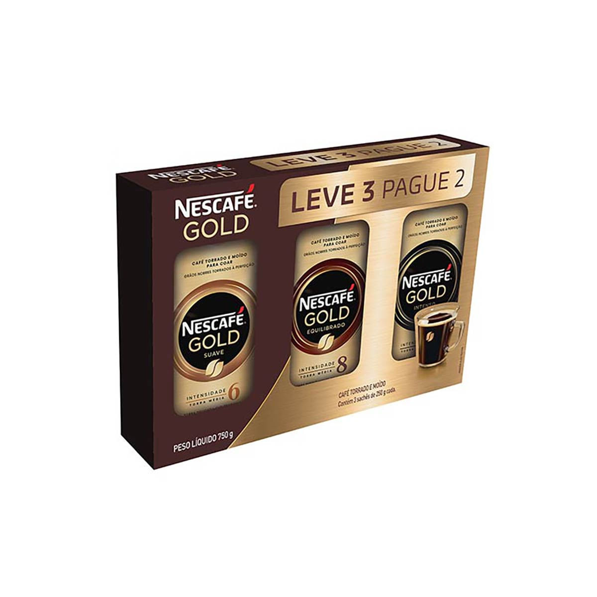 Pack Nescafé Leve 2 Gold T&amp;M 250 g e Ganhe 1 Gold T&amp;M Sachê 250 g