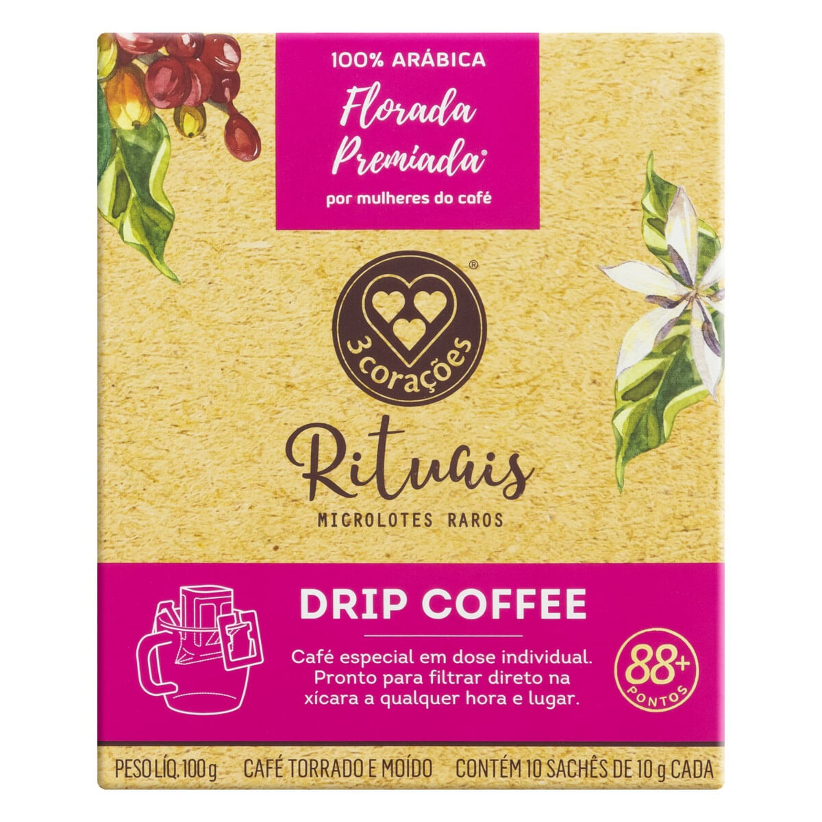 Café Torrado e Moído 3 Corações Drip Coffee Filtrado 3 Corações Rituais 88+ em Sachê 100 g 10 Unidades Microlotes Raros Florada Premiada