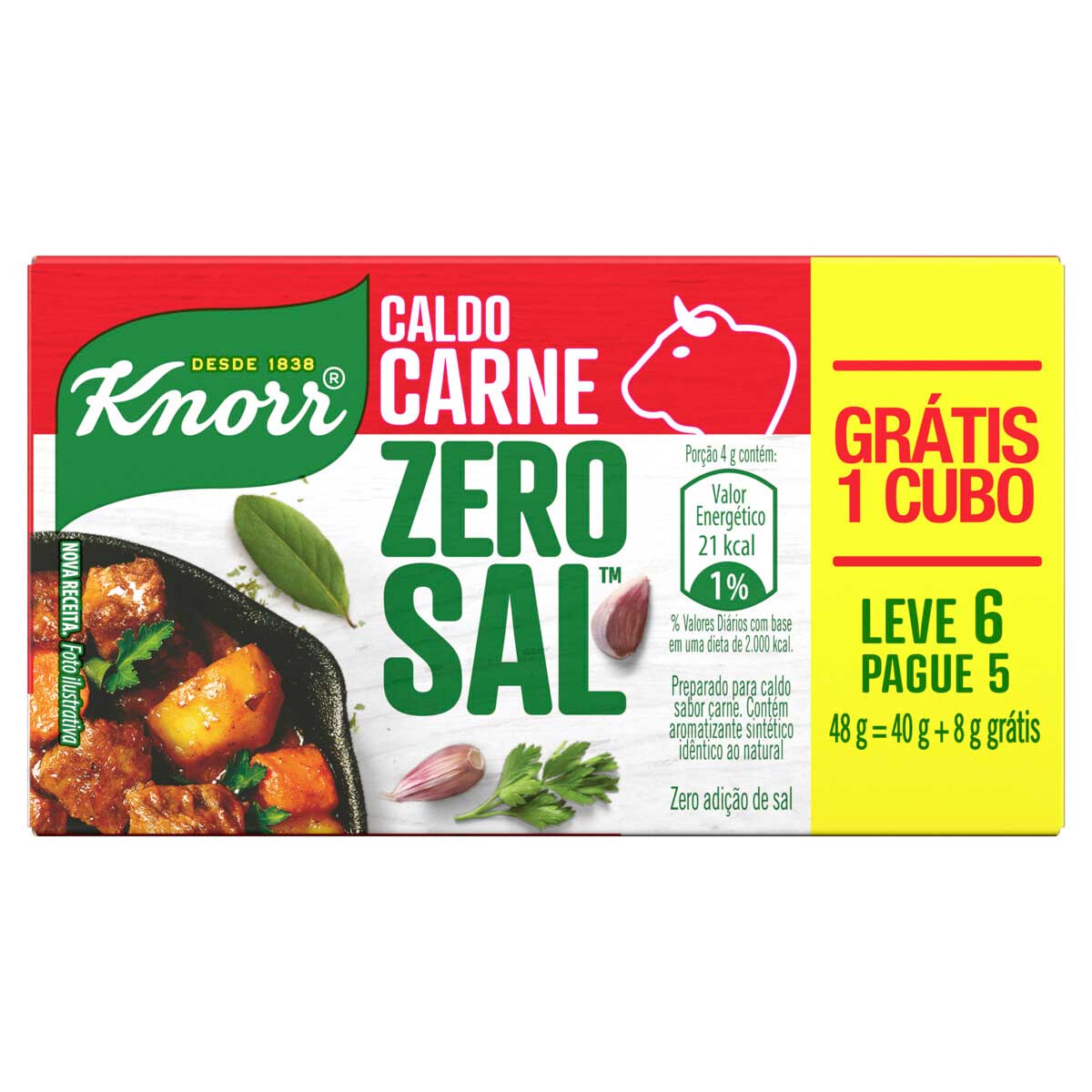 Caldo em Tablete Carne Knorr Zero Sal 48g Leve 6 Pague 5 Unidades