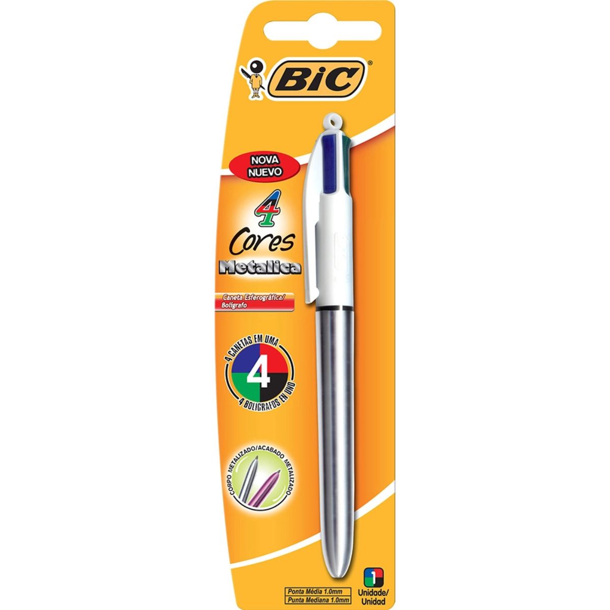 Caneta Bic 4 Cores 1.0 mm Ponta Média Metalica