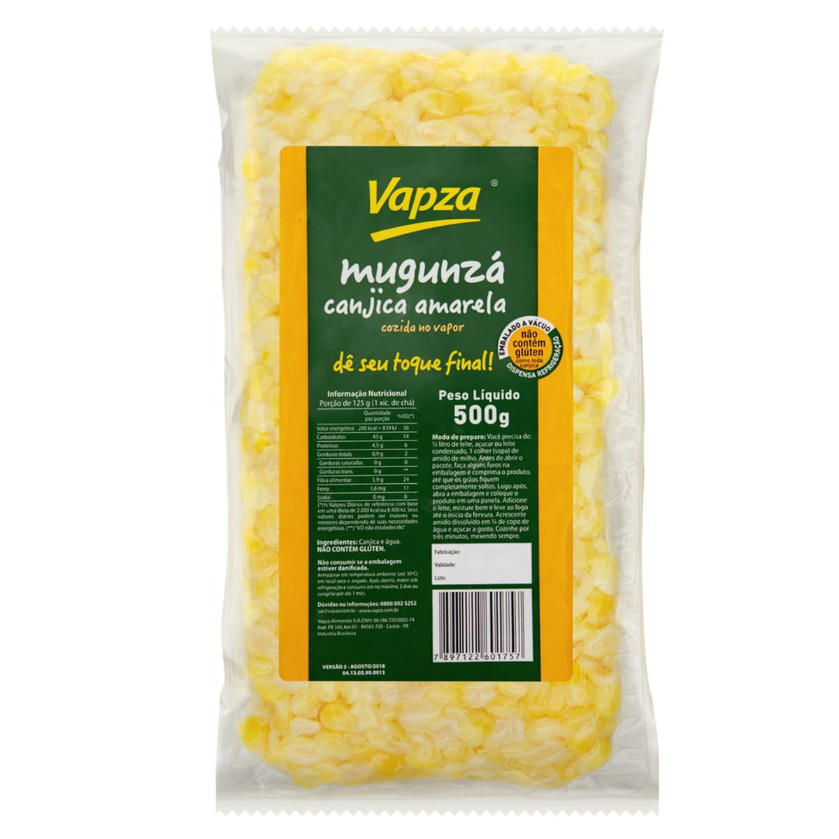 Canjica de Milho Amarela Cozido no Vapor Mugunzá Vapza Dê Seu Toque Final ! 500 g