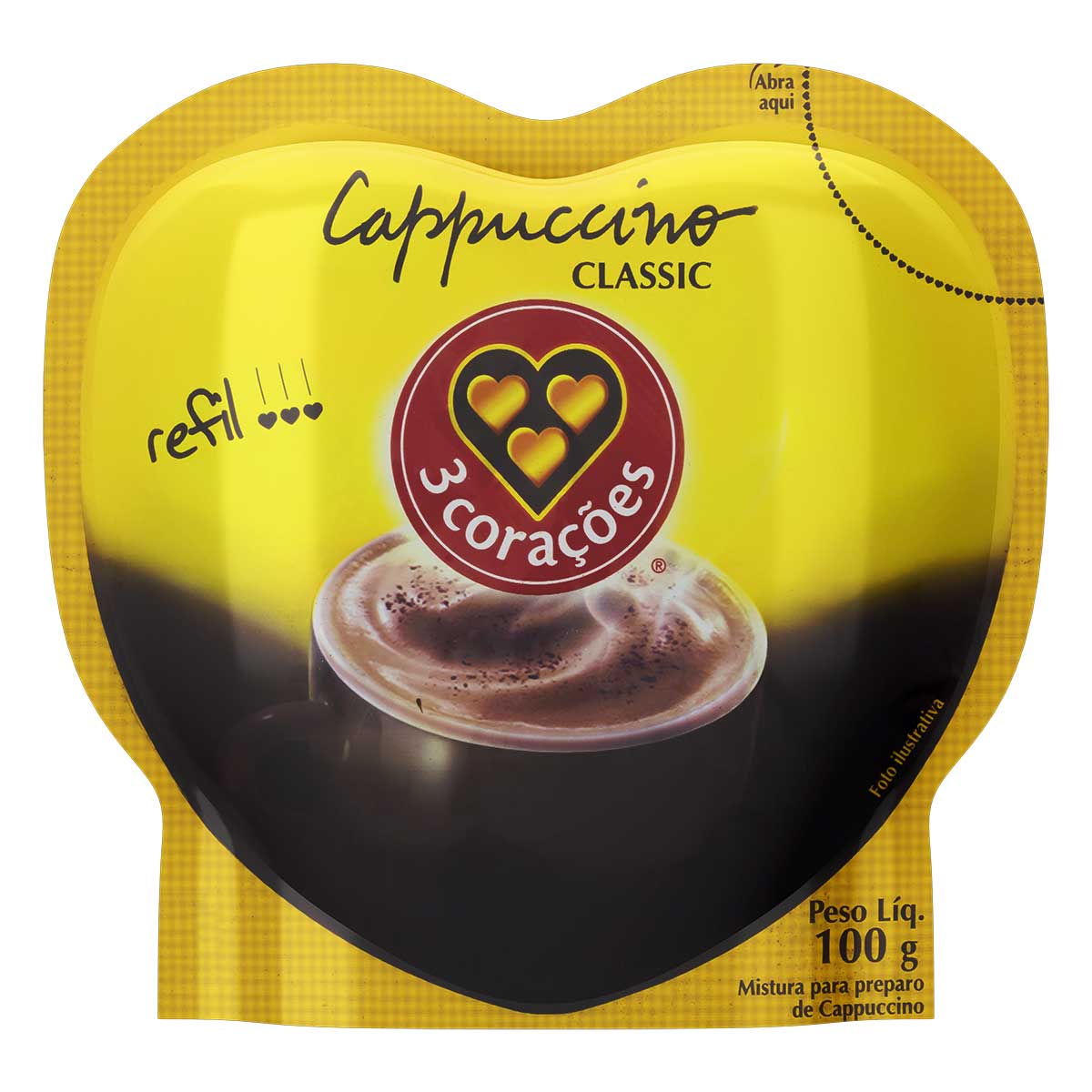 Cappuccino Solúvel Classic 3 Corações Sachê 100g Refil