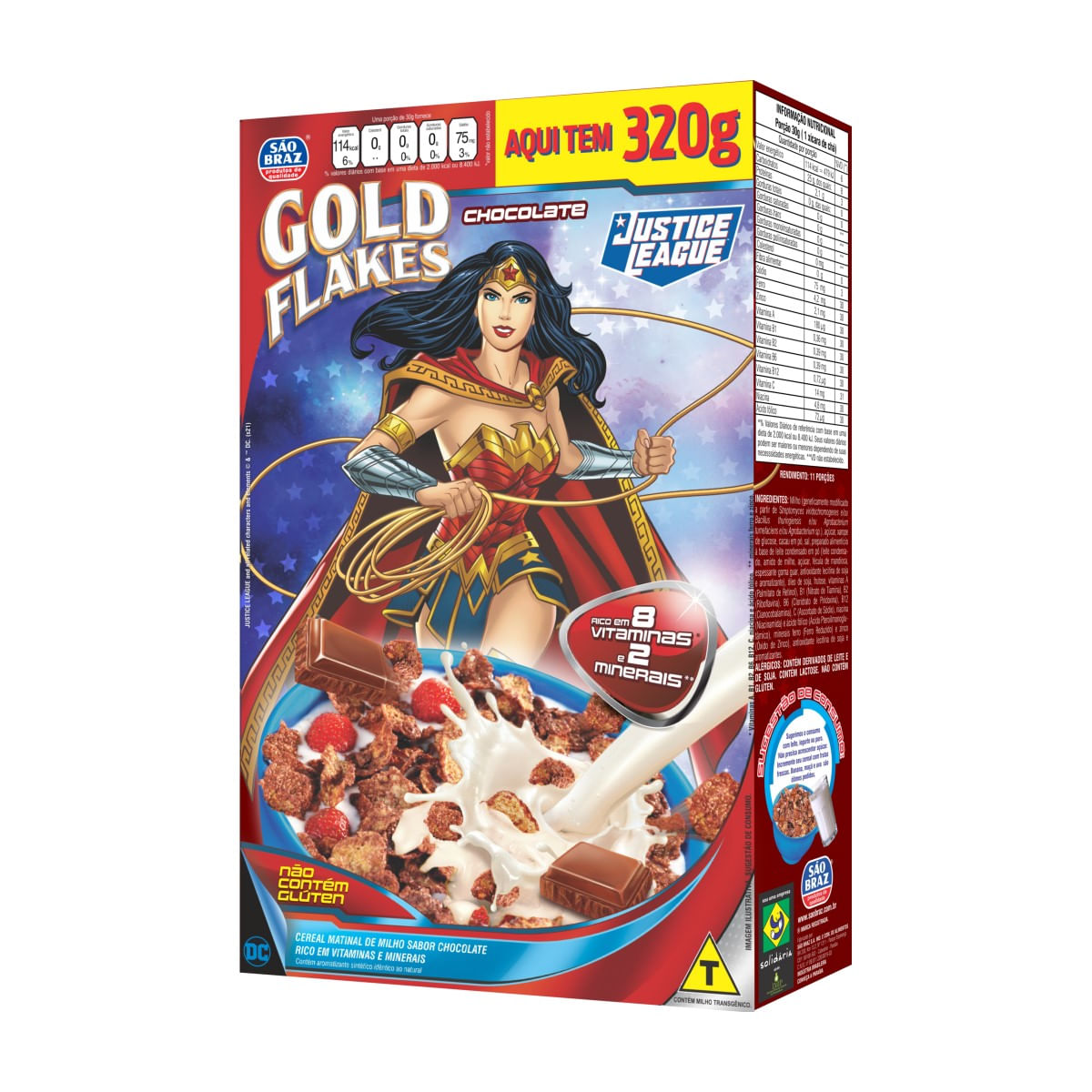 Cereal Matinal Flocos de Milho Chocolate São Braz Gold Flakes Liga da Justiça 320 g