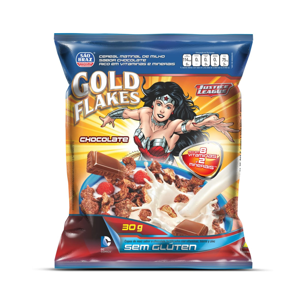 Cereal Matinal Flocos de Milho Chocolate São Braz Gold Flakes Liga da Justiça 30 g