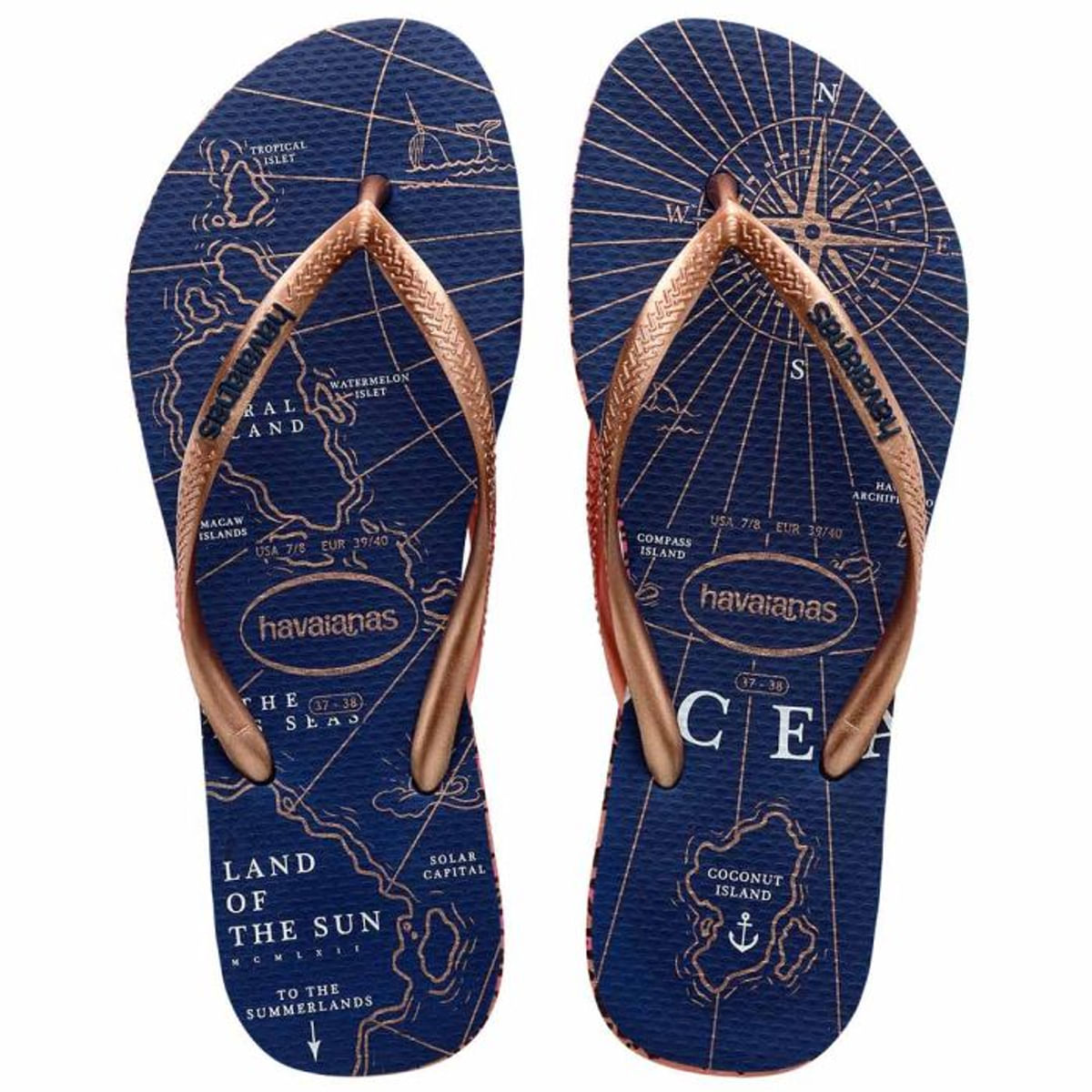 Chinelo Havaianas Feminino Slim Nautical Azul Marinho com Dourado Número 35/36