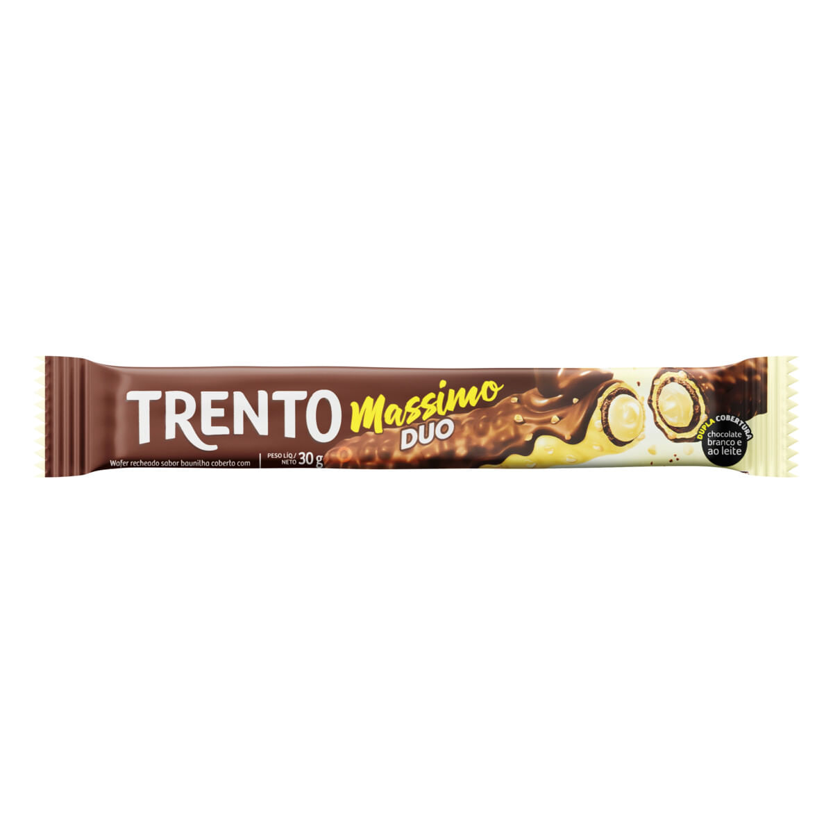 Wafer Recheio Baunilha Cobertura Chocolate Branco, Biscoito e Chocolate ao Leite Trento Massimo Duo 30 g