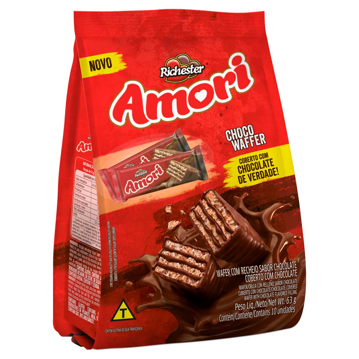 Wafer Recheio e Cobertura de Chocolate Richester Amori Chocowafer 63g