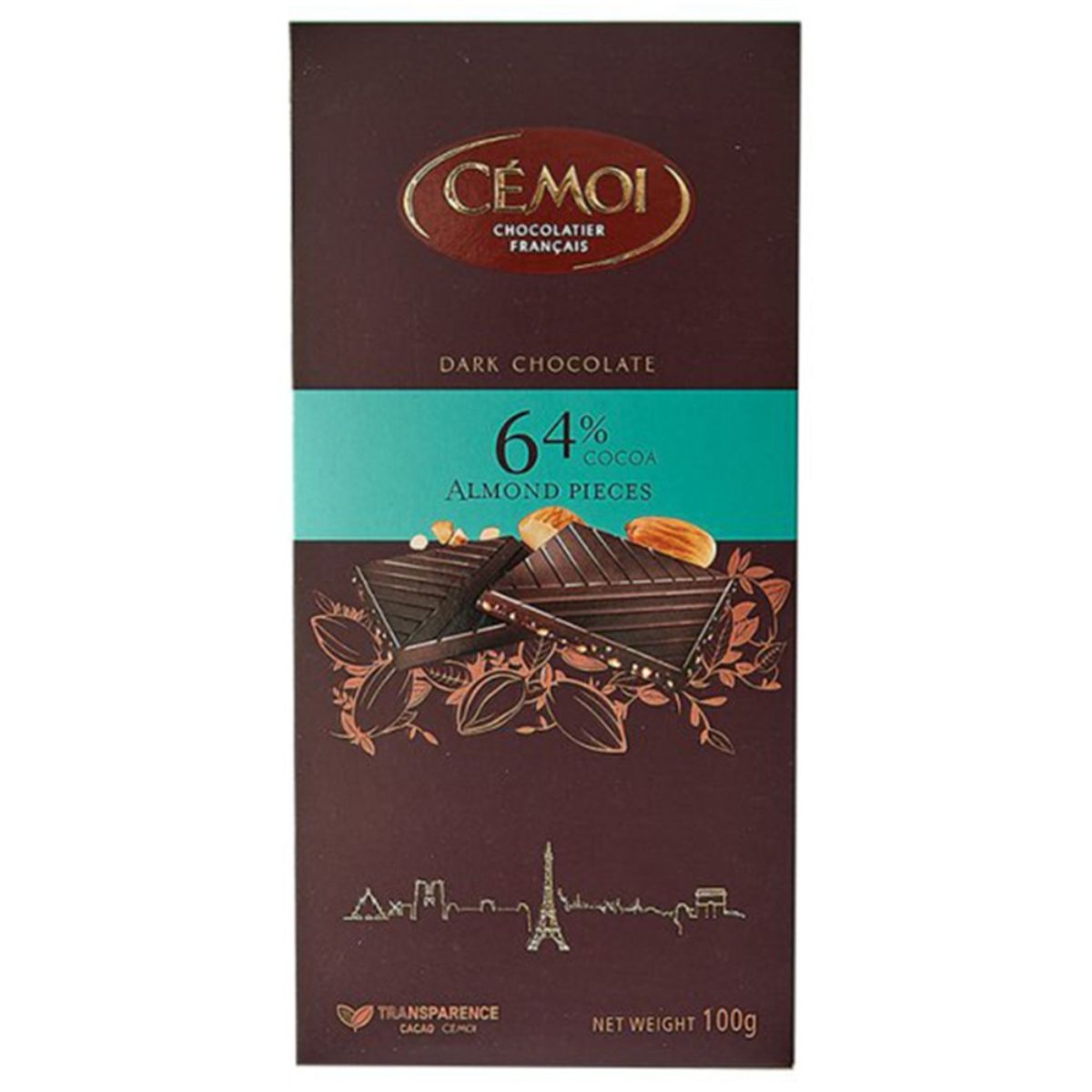 Chocolate Dark 64% Cacau com Amêndoas Cémoi Caixa 100 g