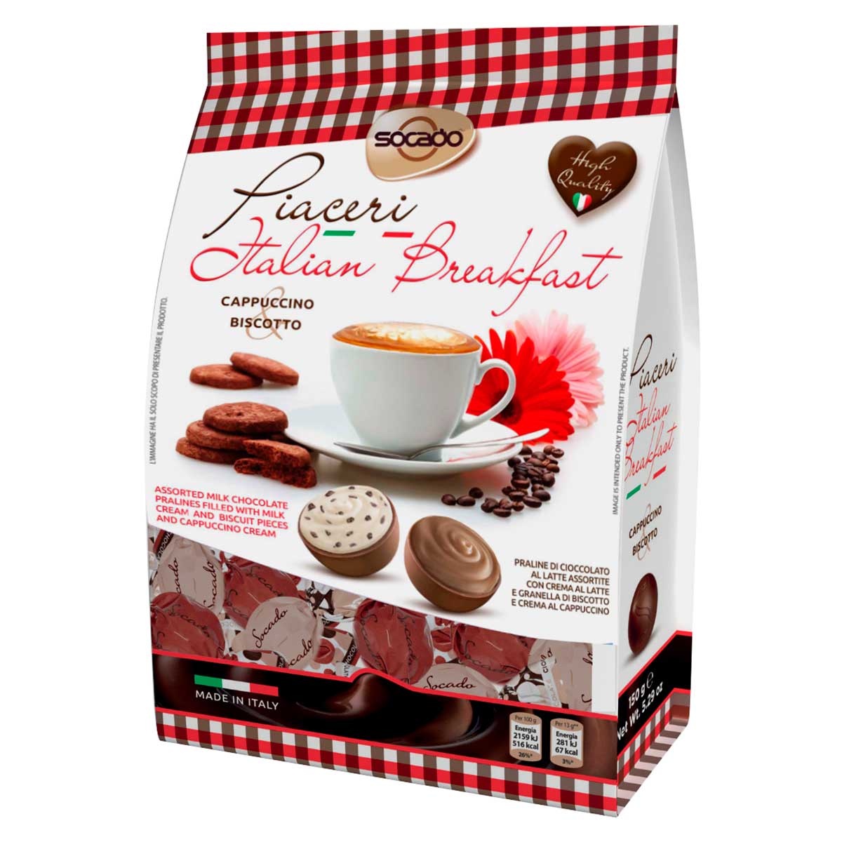 Bombom de Chocolate ao Leite Cappuccino &amp; Biscoito Socado Piaceri 150g