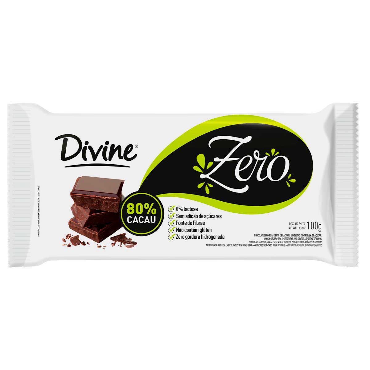 Chocolate Amargo 80% Cacau Zero Divine 100 g