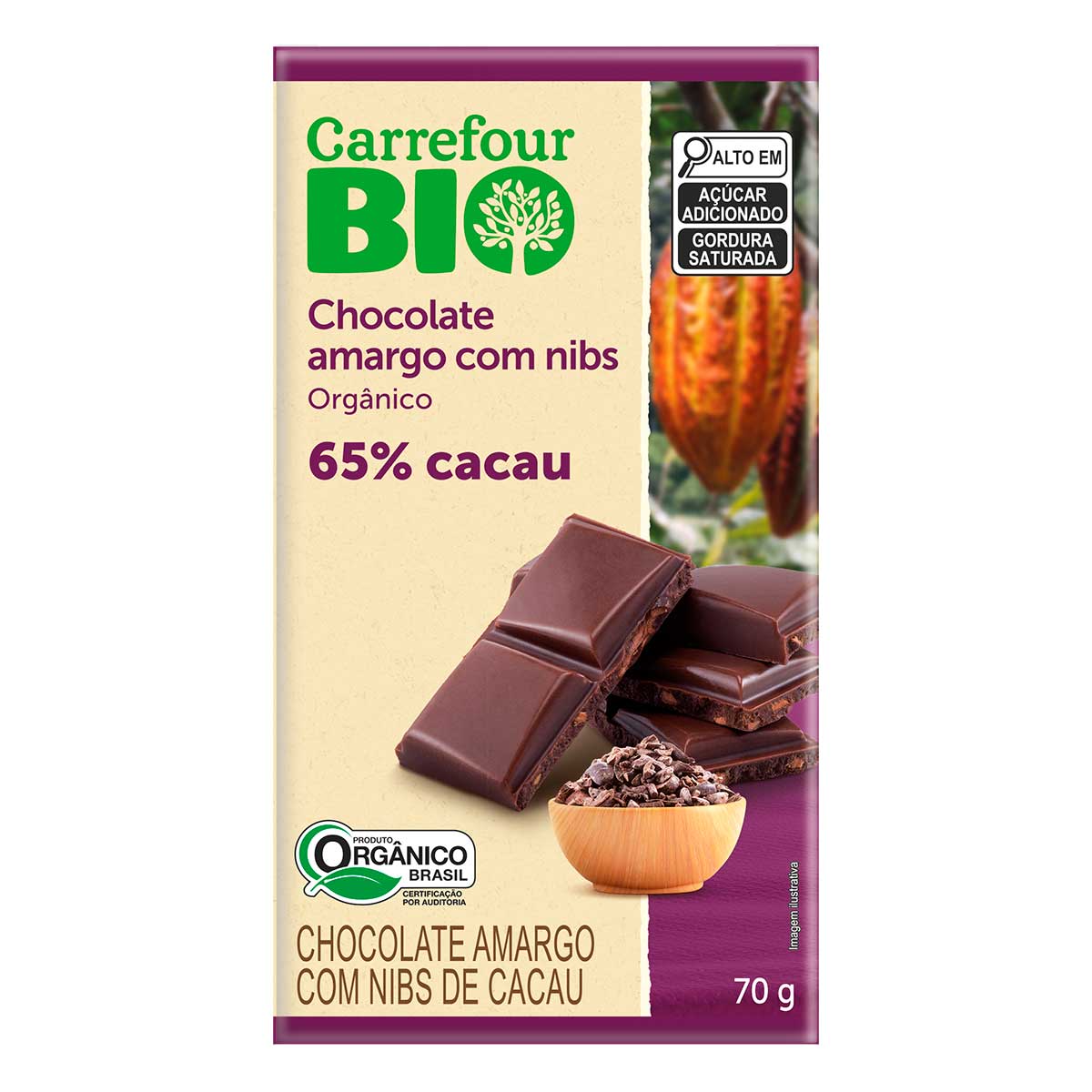 Chocolate Amargo Orgânico com Nibs Carrefour Bio 70g