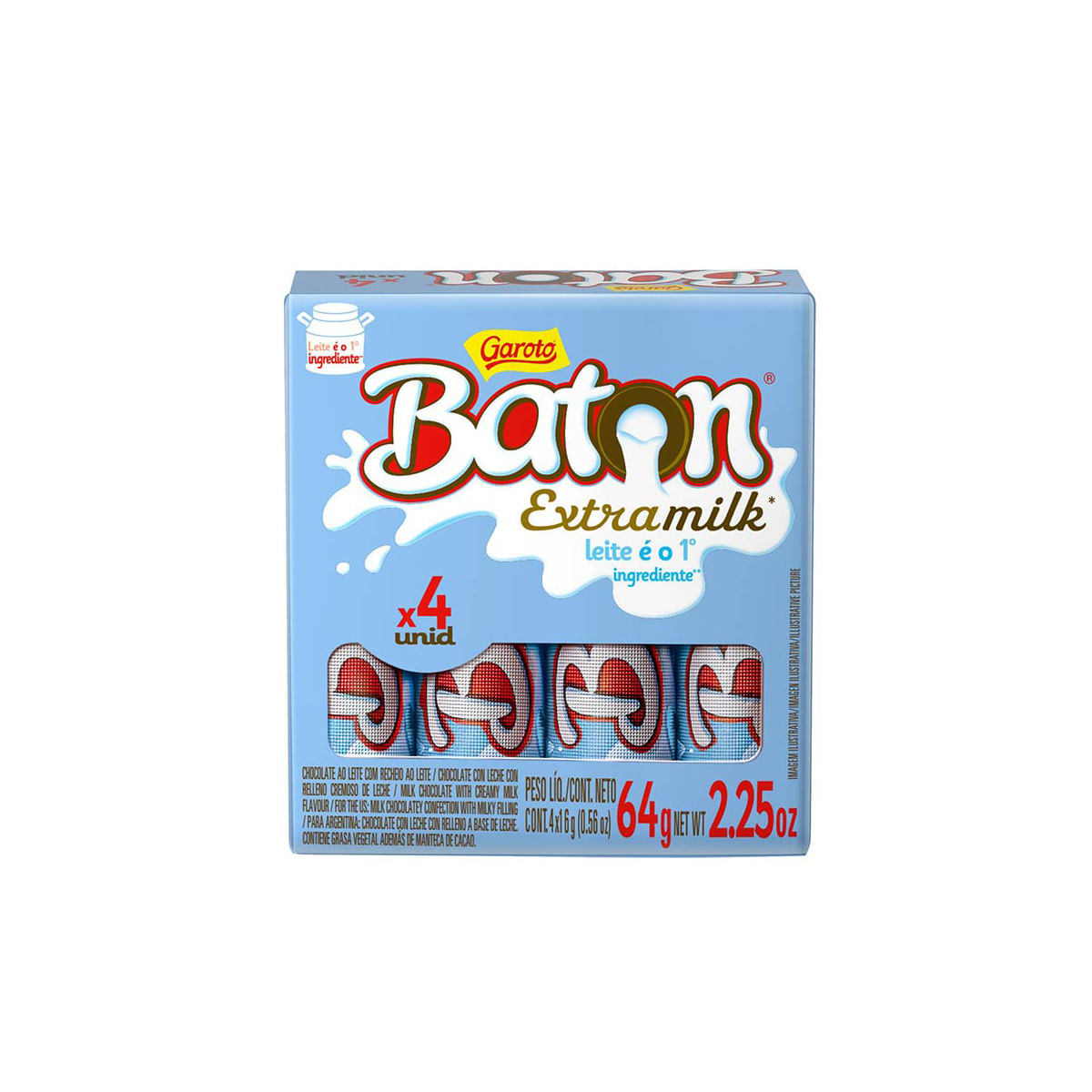 Chocolate ao Leite Baton Extra Milk 4 Unidades