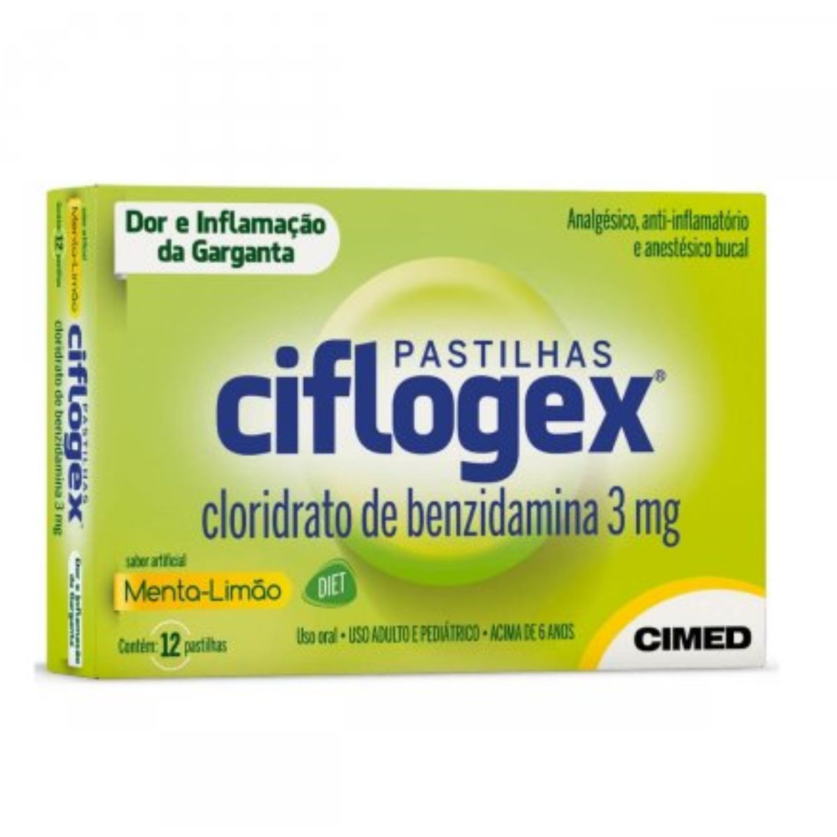 Pastilhas Para Garganta Ciflogex Diet Sabor Menta Com 12 Unidades