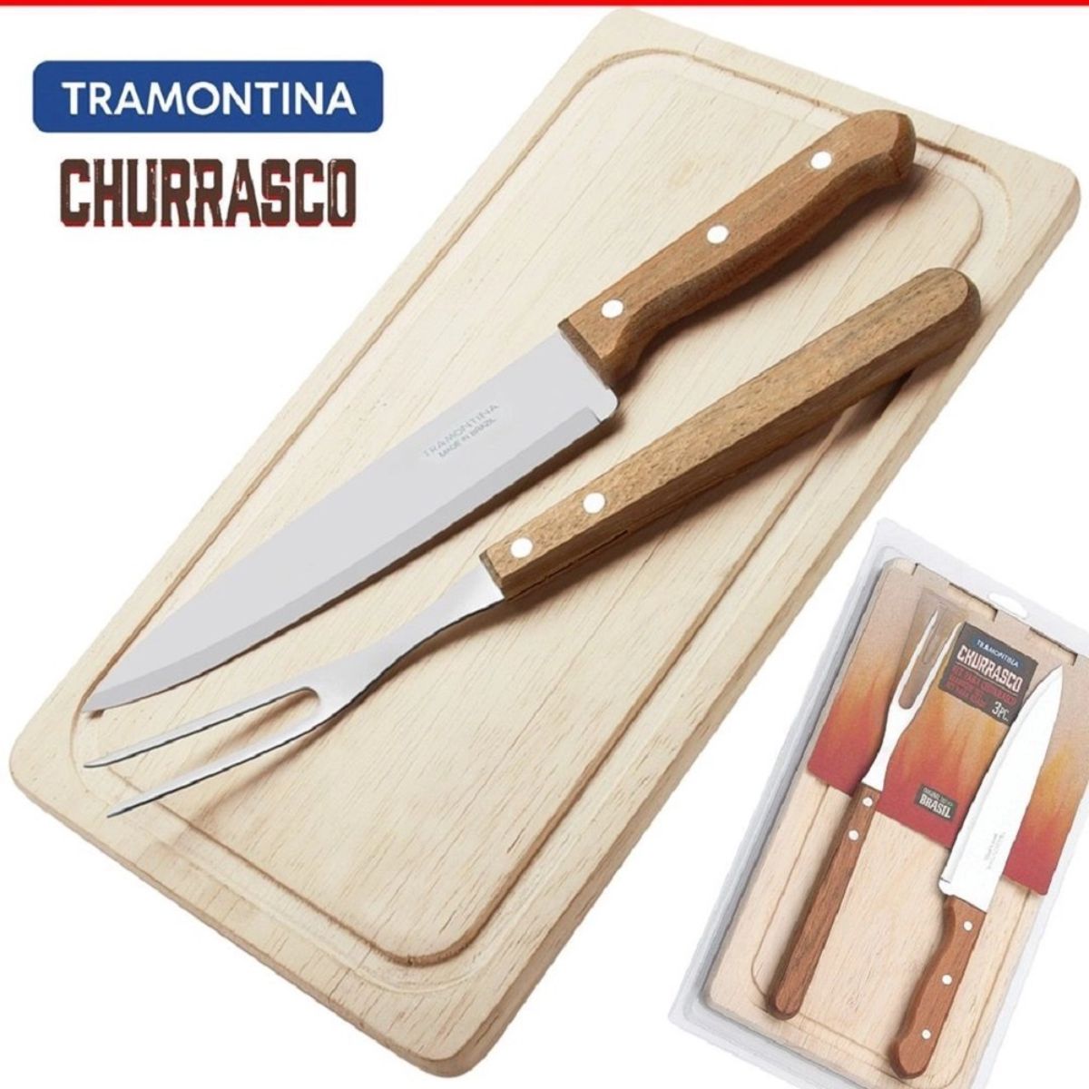 Kit Jogo Churrasco Tramontina com 3 Peças Tábua, Faca e Garfo Inox