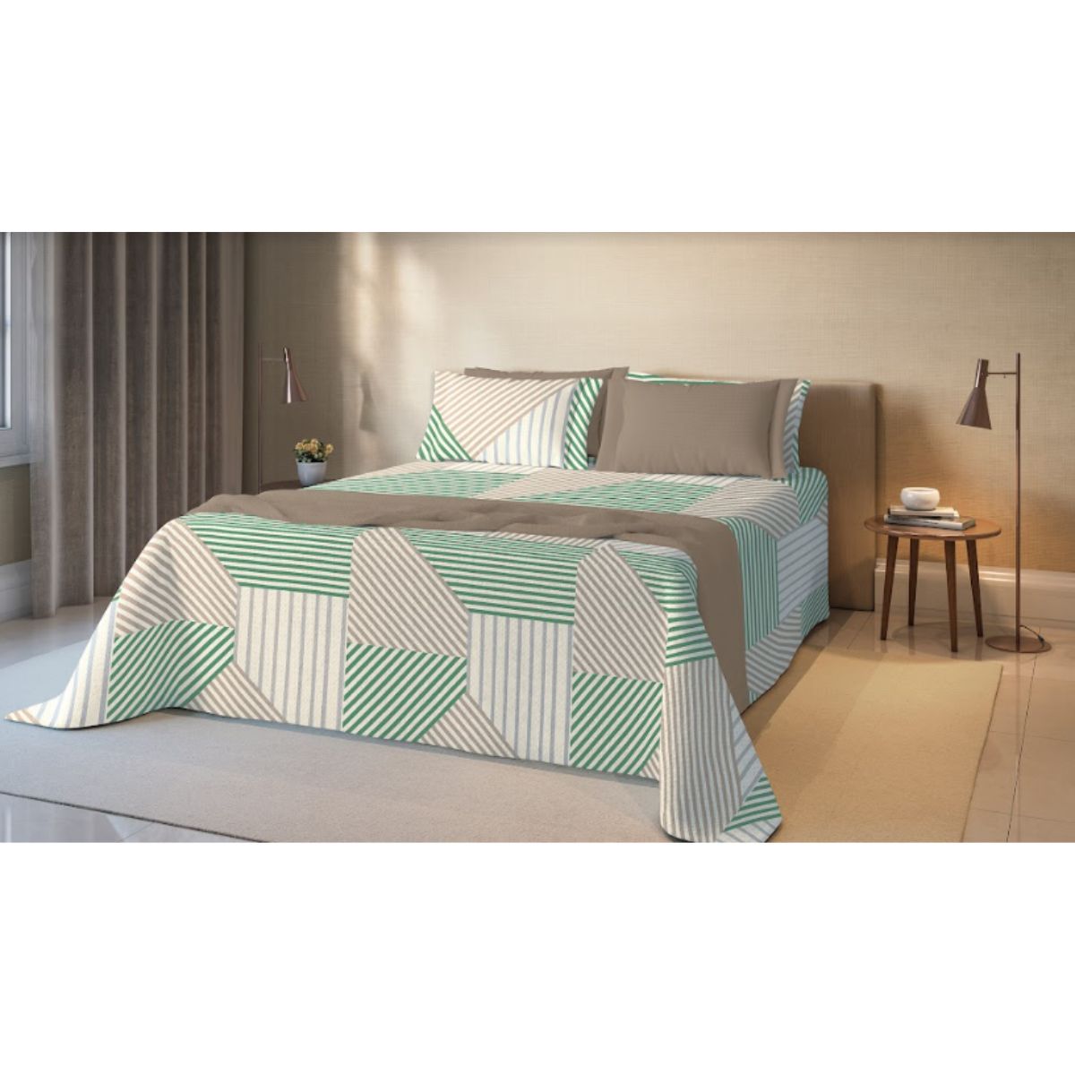 Colcha de Casal 100% Algodão Gênova Teka Listra Verde e Cinza 220x240 cm 1 Peça