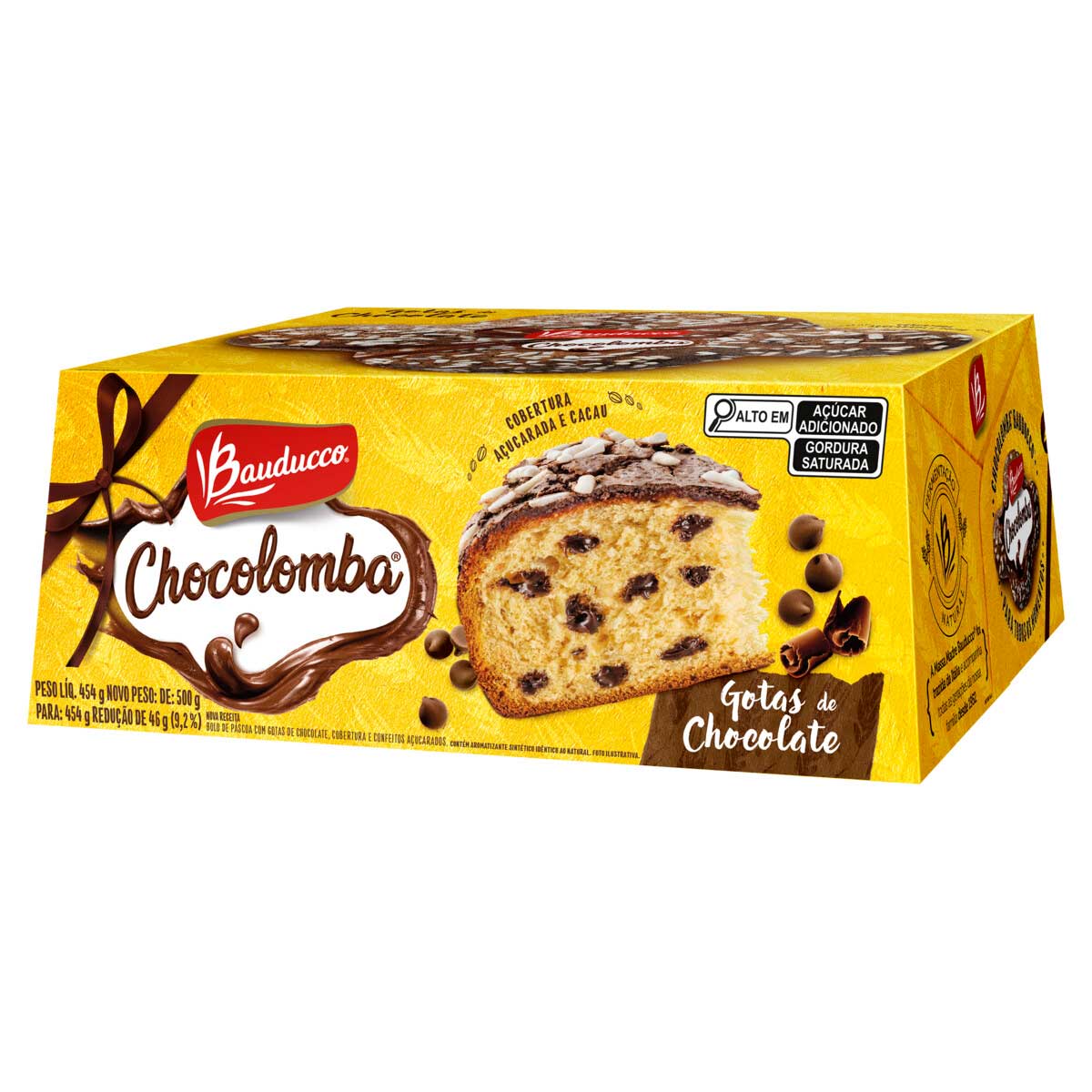 Bolo de Páscoa com Gotas de Chocolate Cobertura Cacau e Confeitos Açucarados Bauducco Chocolomba 454g