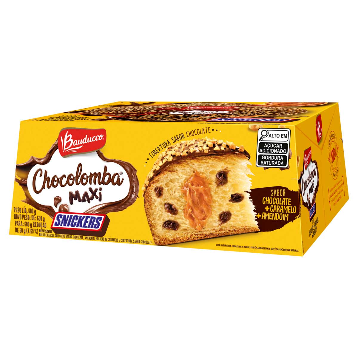 Bolo de Páscoa com Gotas de Chocolate, Recheio Snickers e Cobertura Chocolate Bauducco Chocolomba Maxi 600g