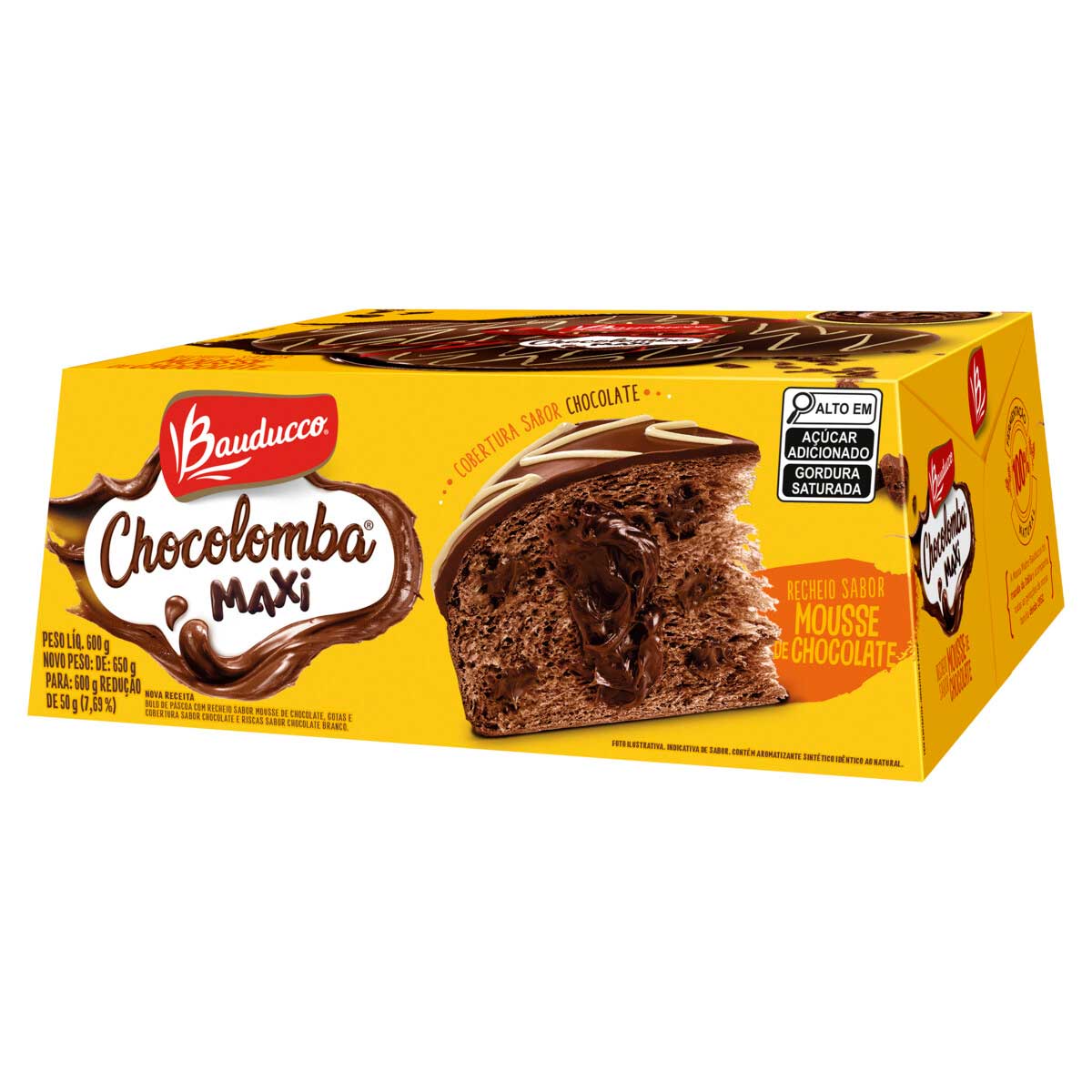 Bolo de Páscoa Recheio Mousse de Chocolate, Gotas e Cobertura Chocolate e Riscas Chocolate Branco Bauducco Chocolomba Maxi 600g