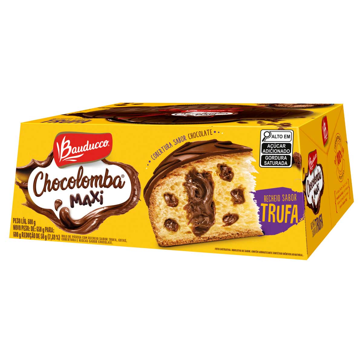 Bolo de Páscoa Recheio Trufa, Gotas, Cobertura e Riscas de Chocolate Bauducco Chocolomba Maxi 600g