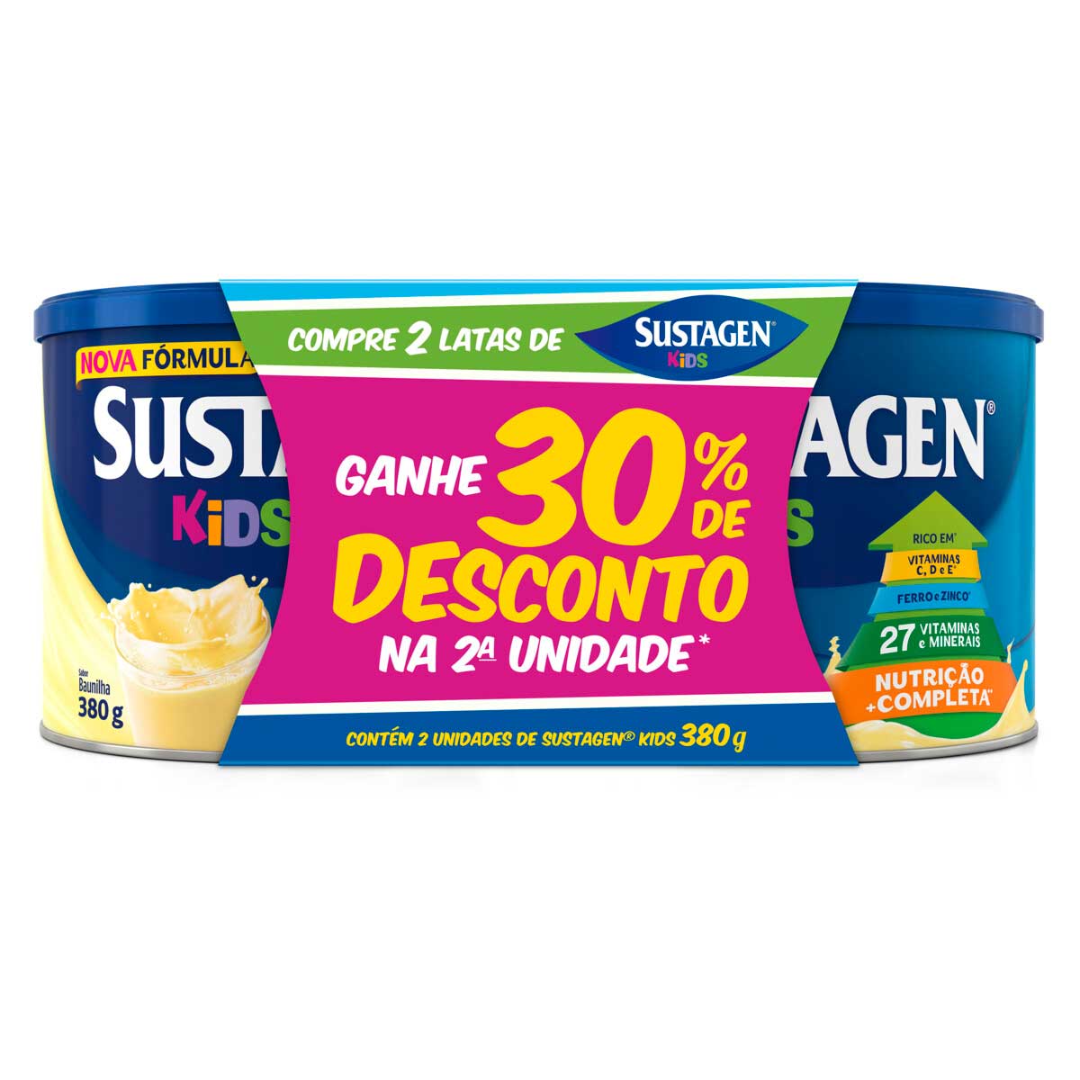 Pack Pó para Preparo de Bebida Sabor Baunilha Sustagen Kids 2 Unidades 380g Cada