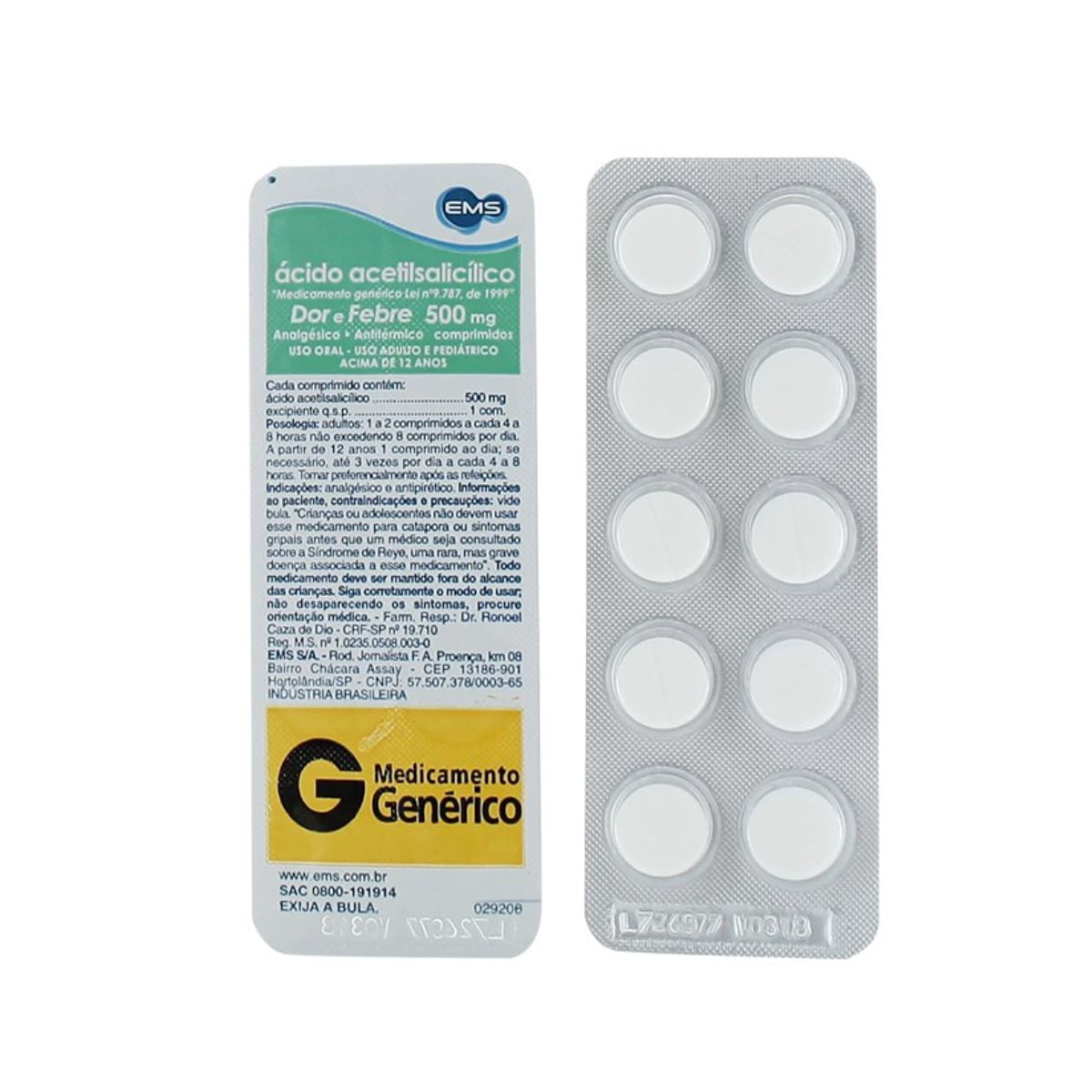 Comprimido Ácido Acetilsalicílico 500mg EMS 10un