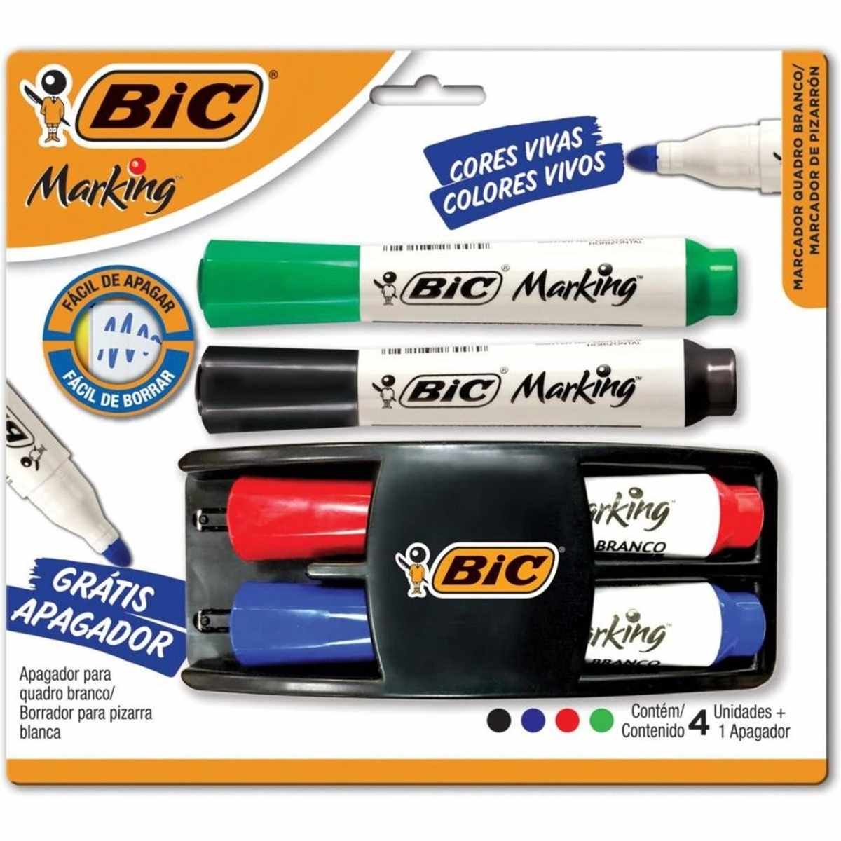 Kit 4 Marcadores de Quadro Branco BIC Marking Cores Clássicas + 1 Apagador Ponta Resistente Apaga Fácil