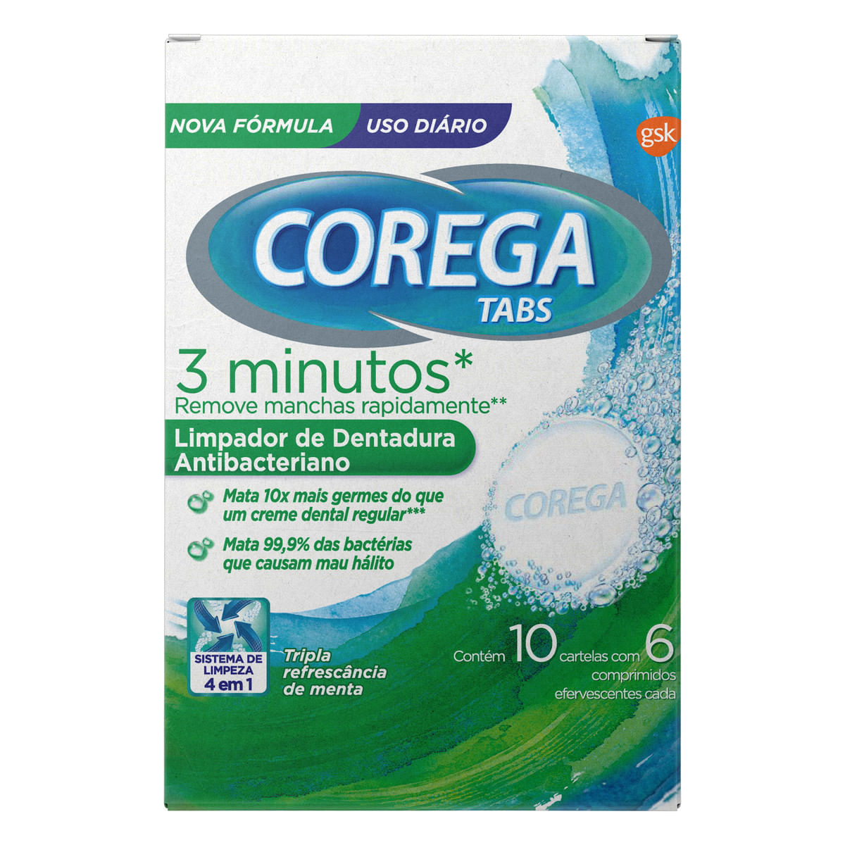 Limpador de Dentadura Antibacteriano Corega Tabs Menta 60 Unidades