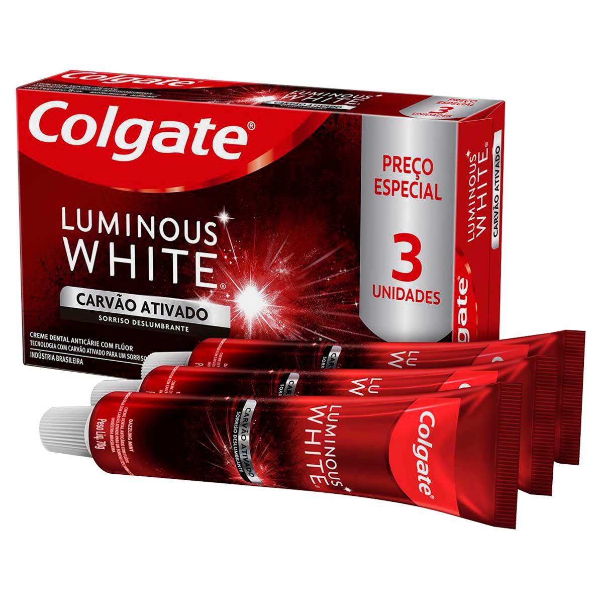 Creme Para Clareamento Dental Colgate Luminous White Carvão Ativado 3 unid 70g Promo Preço Especial