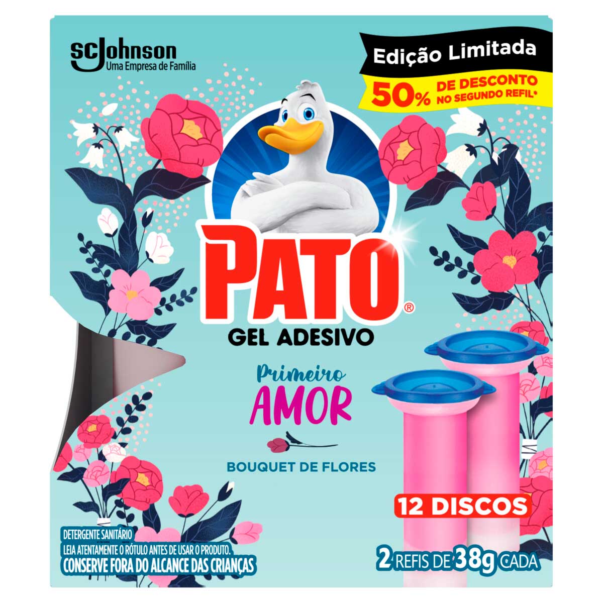 Detergente Sanitário Pato Bouquet de Flores Primeiro Amor 38g 2 Unidades 50% Desconto no Segundo Refil