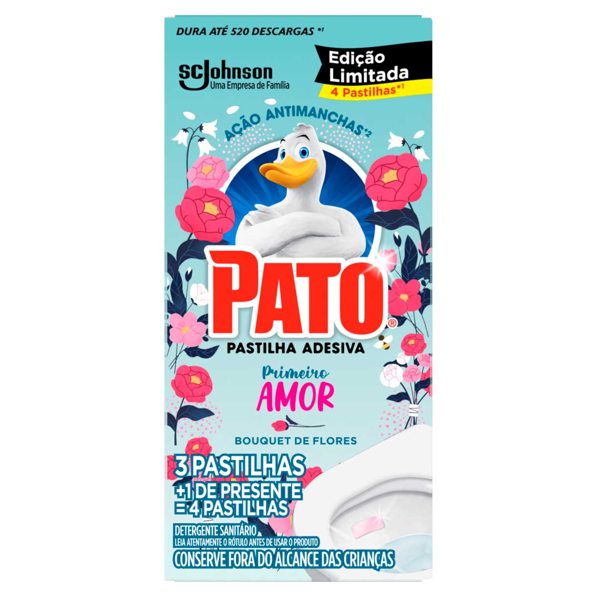 Detergente Sanitário Pato Bouquet de Flores Primeiro Amor 4 Unidades Grátis 1 Pastilha