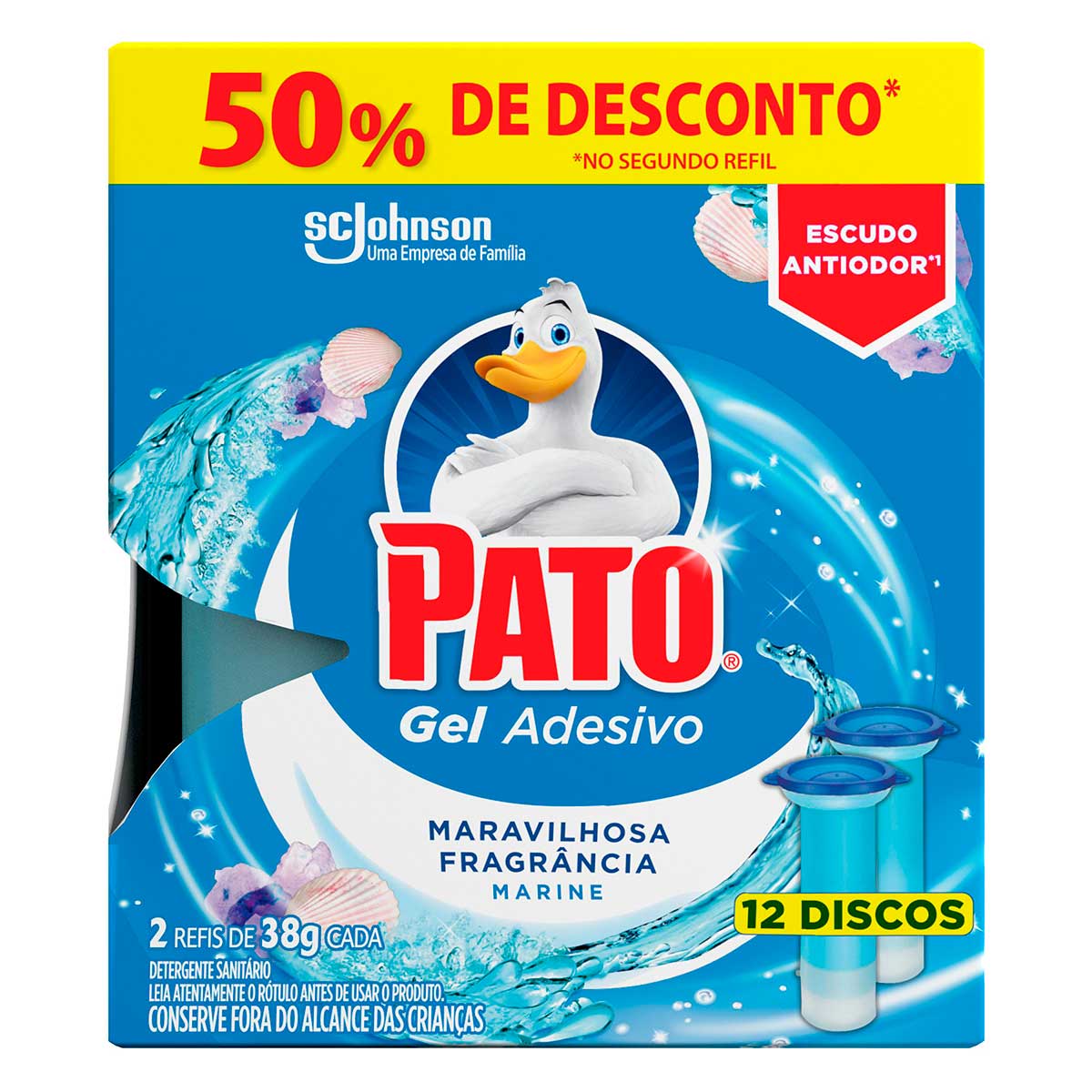 Desodorizador Sanitário Pato Gel Adesivo 2 Refis Marine 12 discos