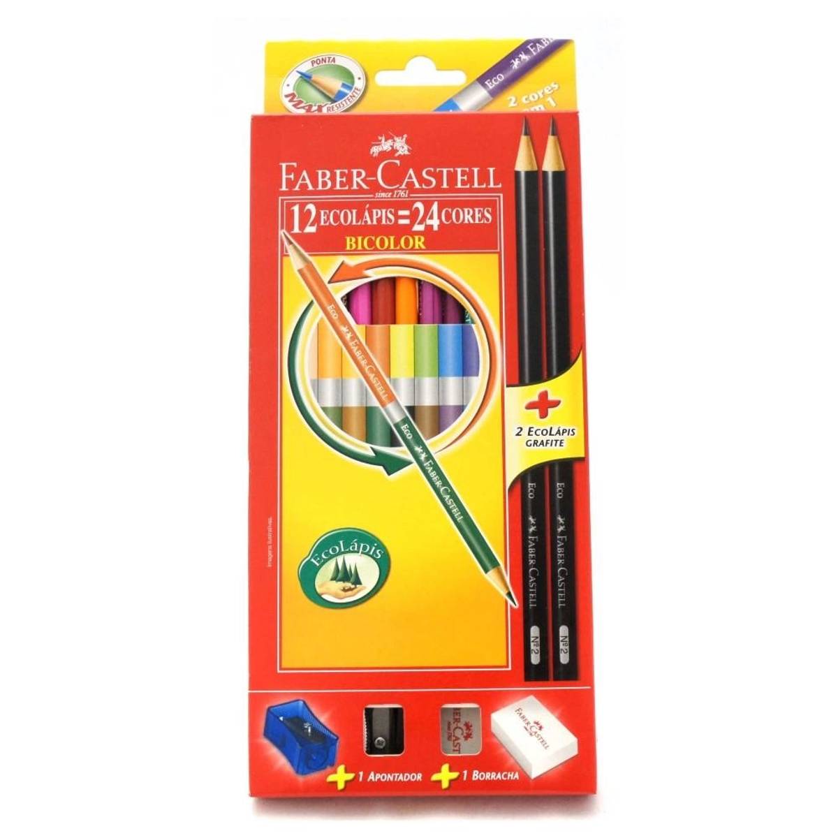 Ecolápis Bicolor Faber Castell 24 Cores com 1 Apontador e 1 Borracha